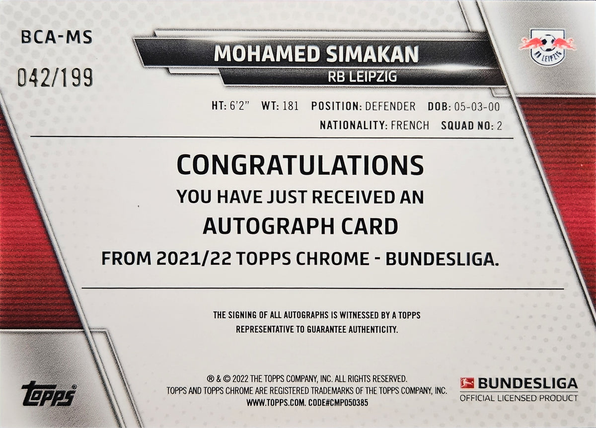 Mohamed Simakan (RC) /199 - Autógrafo original - Topps Chrome Bundesliga 21/22