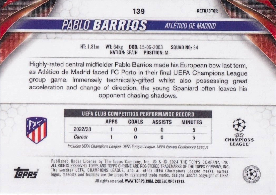 Pablo Barrios - Topps Chrome UEFA Club Competitions 23/24