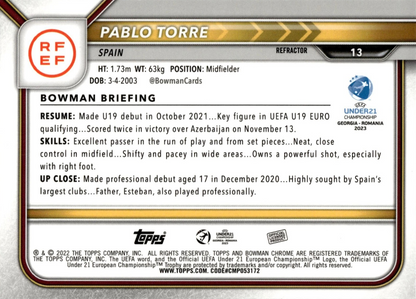 Pablo Torre - 1st Bowman - Bowman Chrome UEFA Under 21 Championship Georgia y Romania 2023