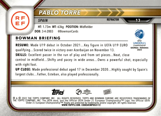 Pablo Torre - 1st Bowman - Bowman Chrome UEFA Under 21 Championship Georgia y Romania 2023