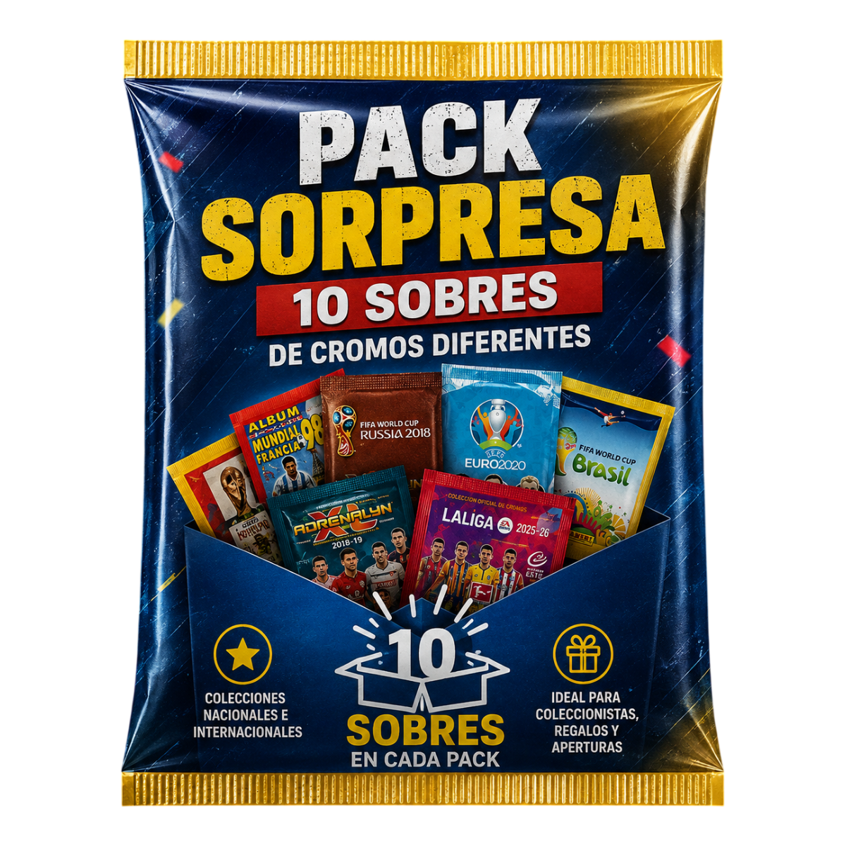 Pack Sorpresa - 10 Sobres de cromos y cartas de fútbol diferentes