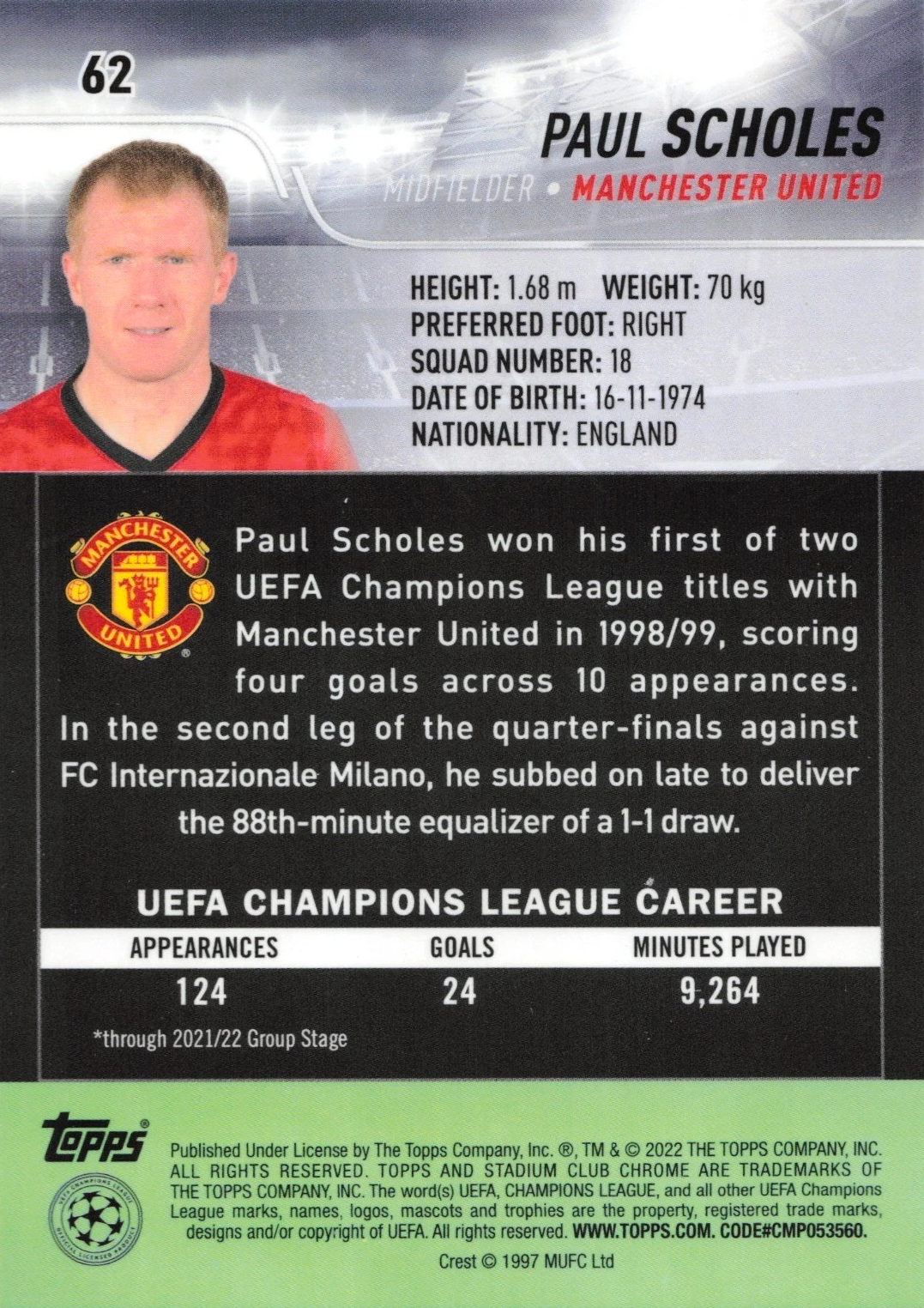 Paul Scholes - Stadium Club Chrome UEFA Champions League 21/22