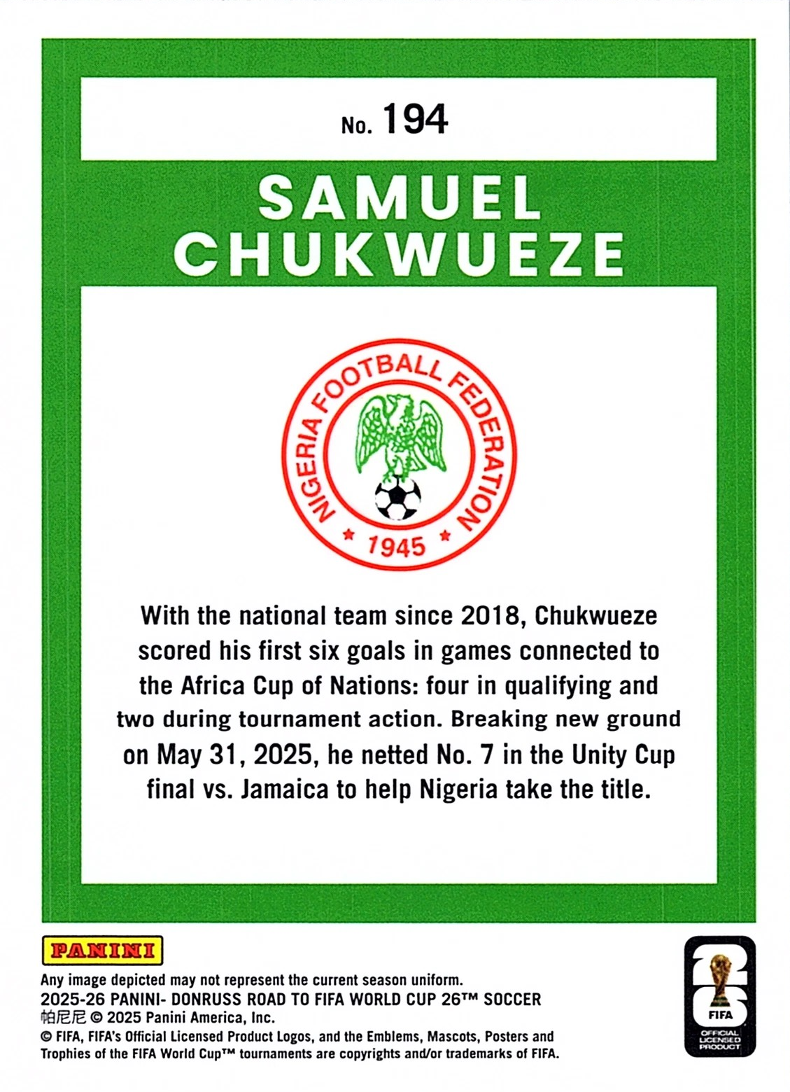 Samu Chukwueze - Donruss Road to FIFA World Cup 26
