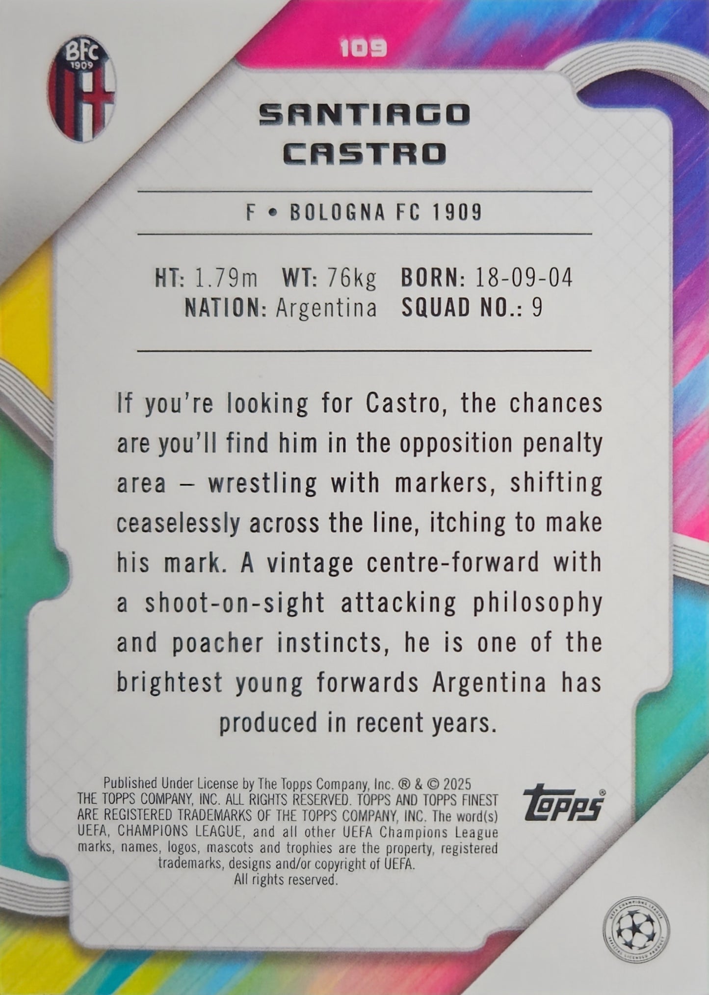 Santiago Castro (RC) /275 - Topps Finest UEFA Club Competitions 24/25