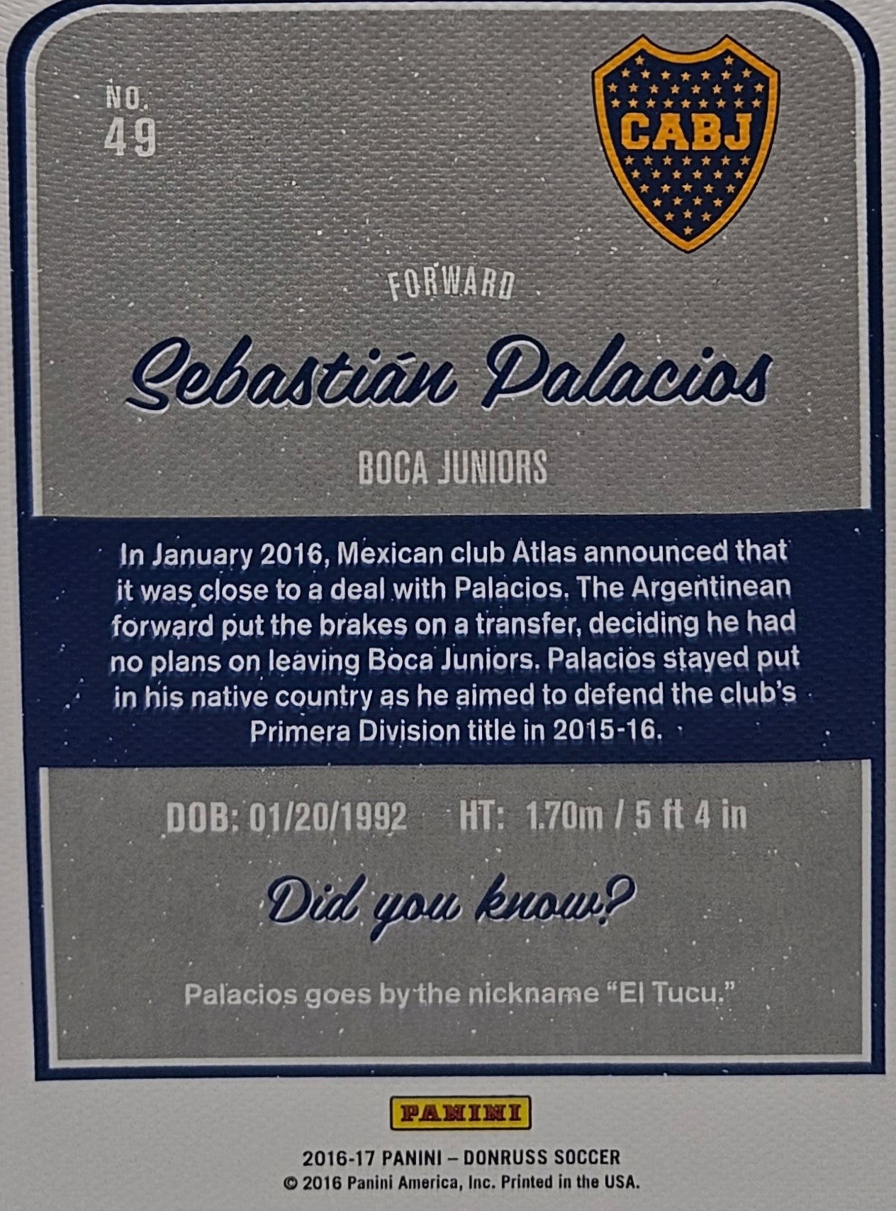 Sebastián Palacios /49 - Donruss Soccer 16/17