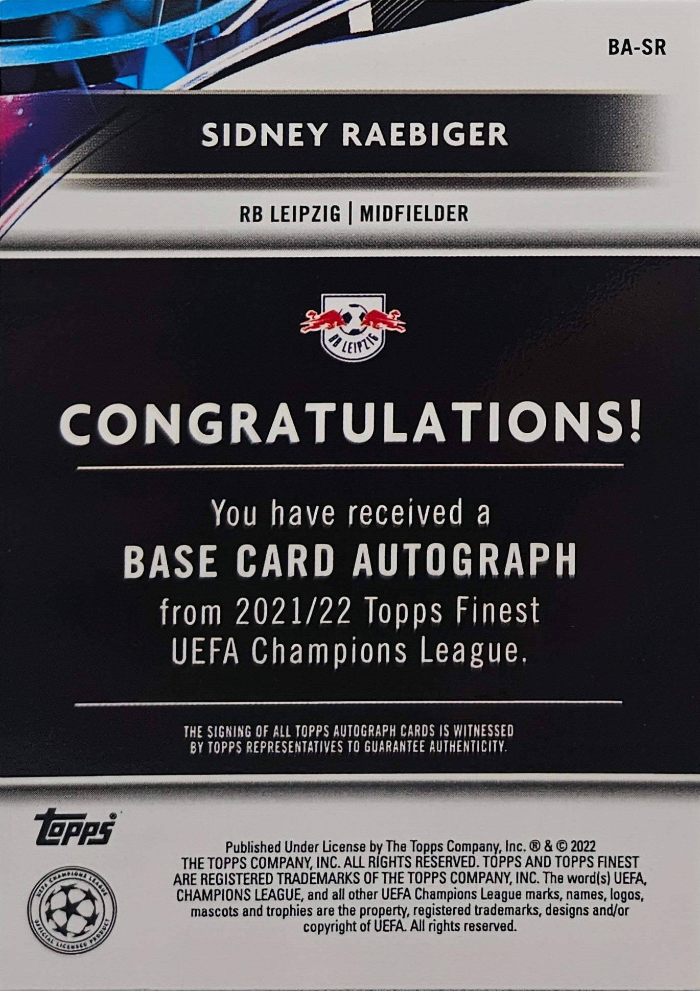 Sidney Raebiger (RC) - Autógrafo original - Topps Finest UEFA Club Competitions 21/22