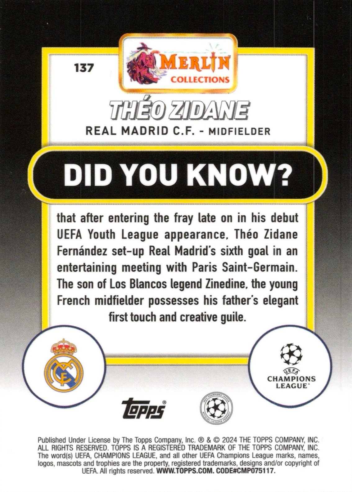 Théo Zidane (RC) - Refractor - Merlin UEFA Club Competitions 23/24