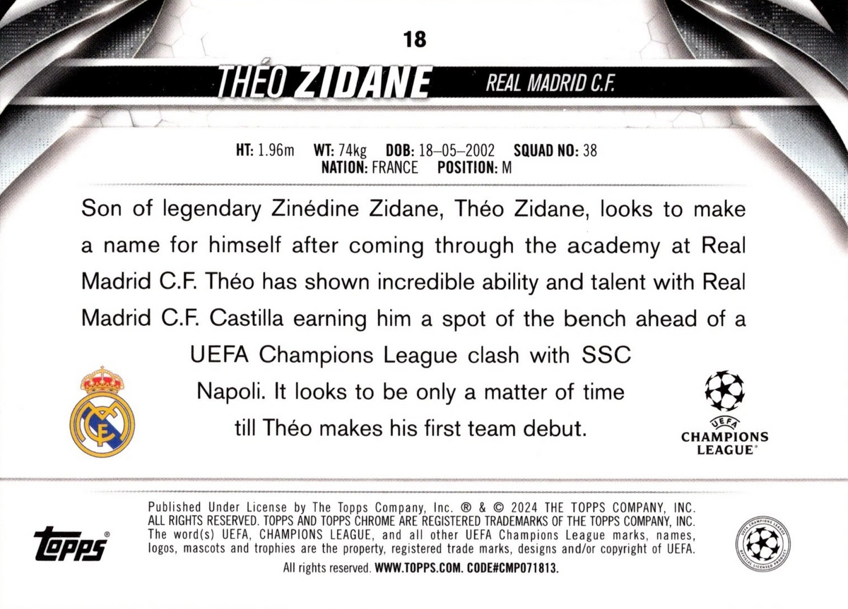 Théo Zidane (RC) - Topps Chrome UEFA Club Competitions 23/24