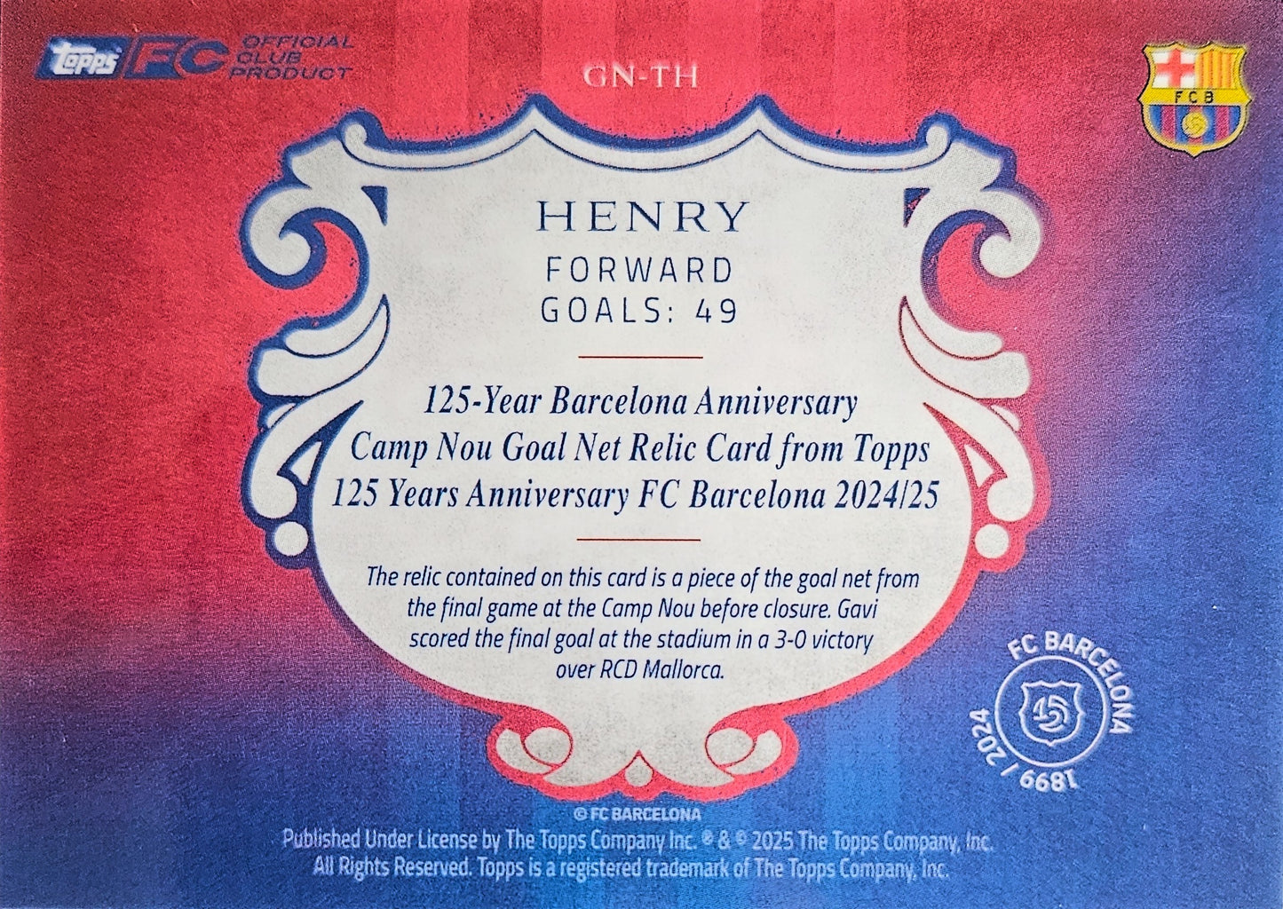 Thierry Henry /75 - Trozo de Red - 125 aniversario Barcelona