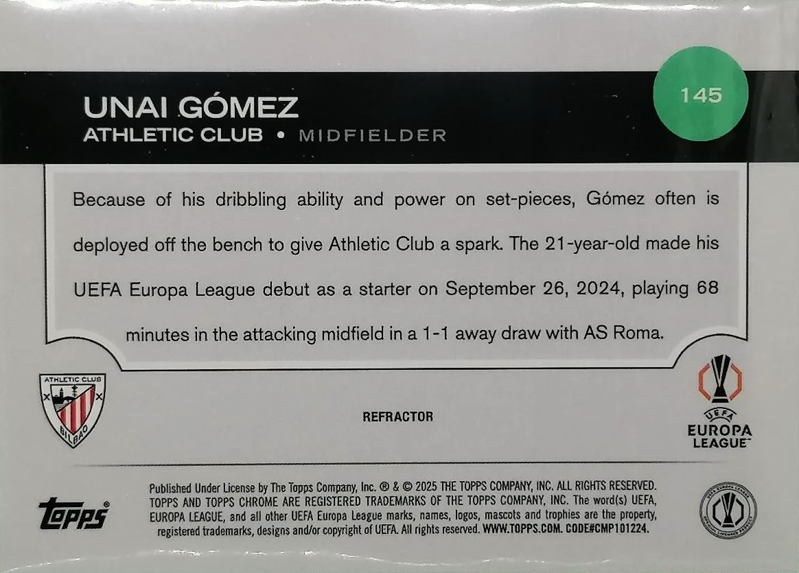 Unai Gómez - Refractor - Topps Chrome UEFA Club Competitions 24/25