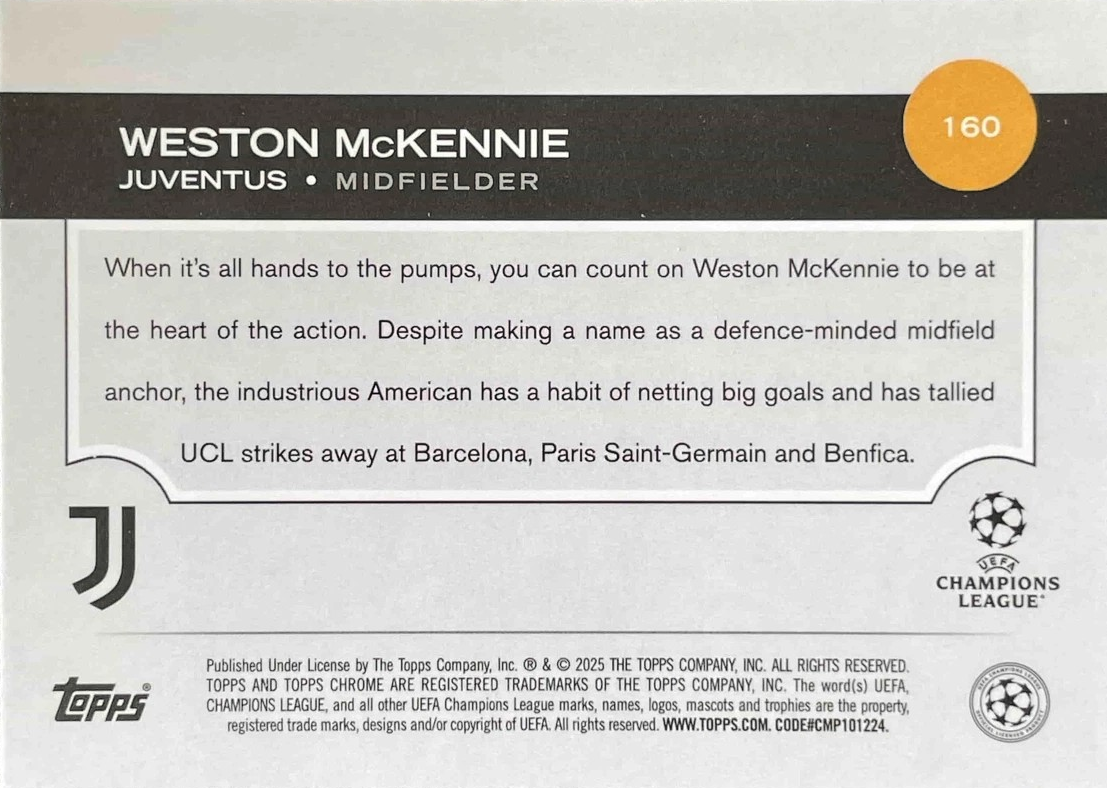 Weston McKennie - Topps Chrome UEFA Club Competitions 24/25