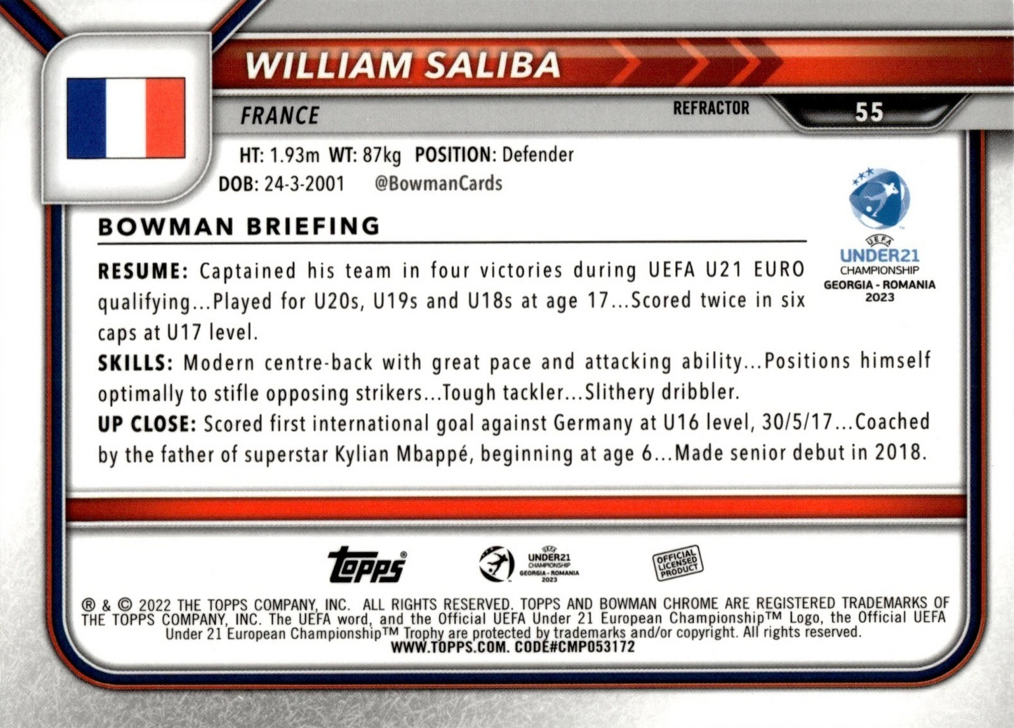 William Saliba - 1st Bowman Refractor - Bowman Chrome UEFA Under 21 Championship Georgia y Romania 2023