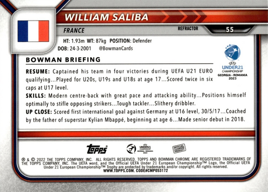 William Saliba - 1st Bowman Refractor - Bowman Chrome UEFA Under 21 Championship Georgia y Romania 2023
