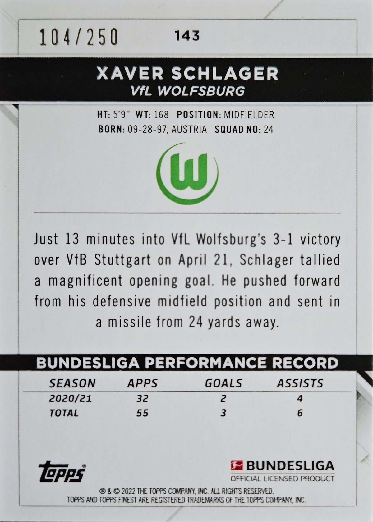 Xaver Schlager /250 - Topps Finest Bundesliga 21/22